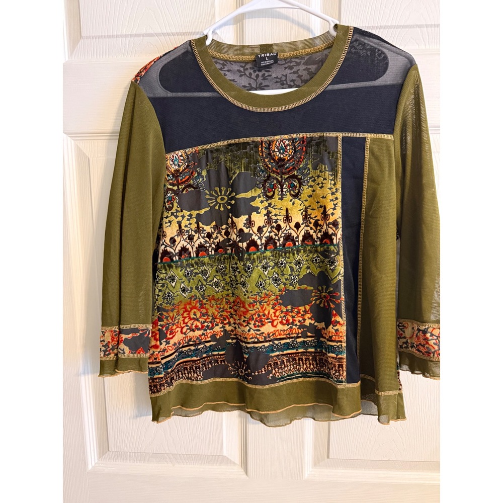 Tribal Women Mixed Media Mesh Velvet Burnout Floral Paisley Top Olive Green L